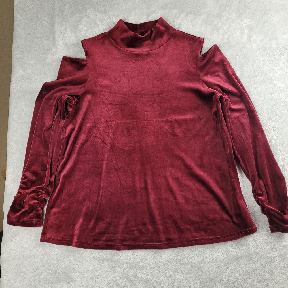 Westbound Women's Velvet Top Blouse Cold Shoulder Long Sleeve Maroon Size 1X